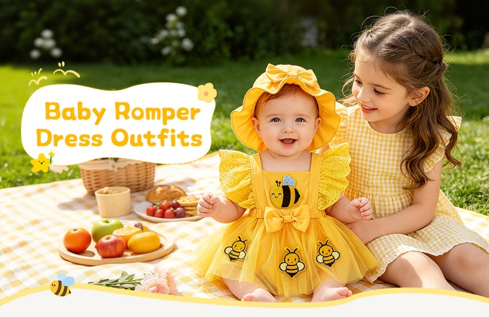 Baby Girl Summer Yellow Bee Jumpsuit Set: Sleeveless Patchwork Chiffon Jumpsuit And Matching Sun Hat, Suitable for Outdoor Outings (0-18 Months)
