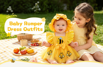 Baby Girl Summer Yellow Bee Jumpsuit Set: Sleeveless Patchwork Chiffon Jumpsuit And Matching Sun Hat, Suitable for Outdoor Outings (0-18 Months)