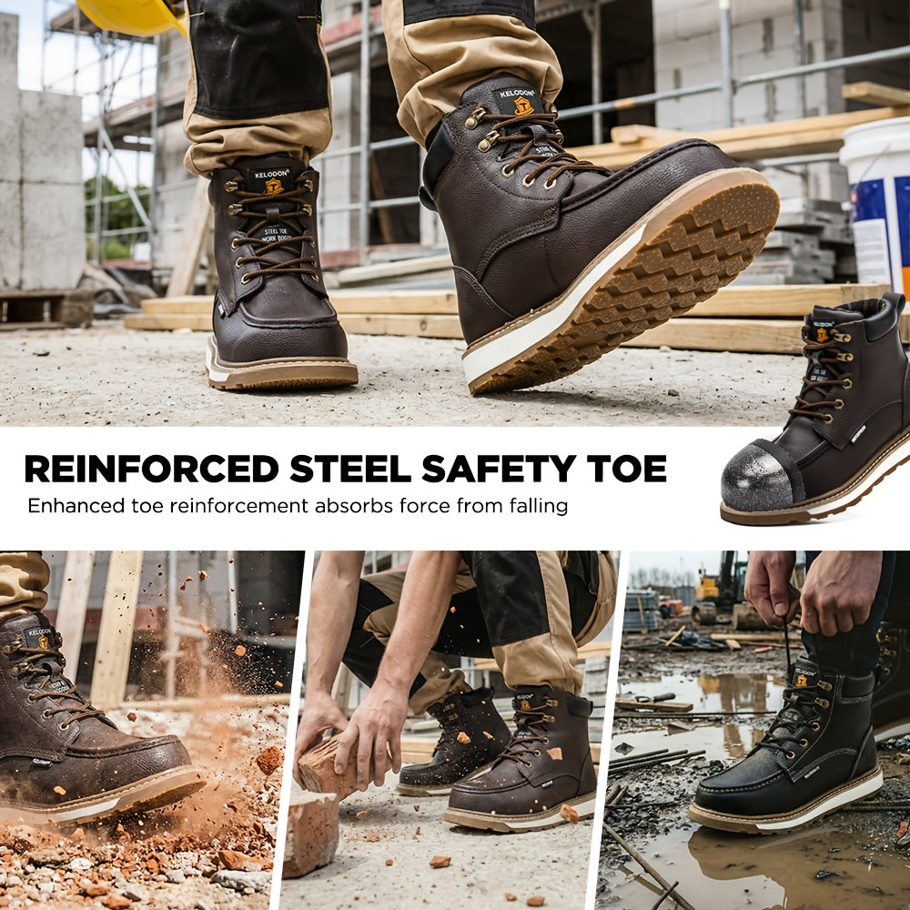 Men's High Quality Steel Toe Work Boots, 6" Moc Toe Construction Safety Shoes with Composite Toe, Non-Slip, Tenis Zapatos De Trabajo, Black/Brown, US 6-14