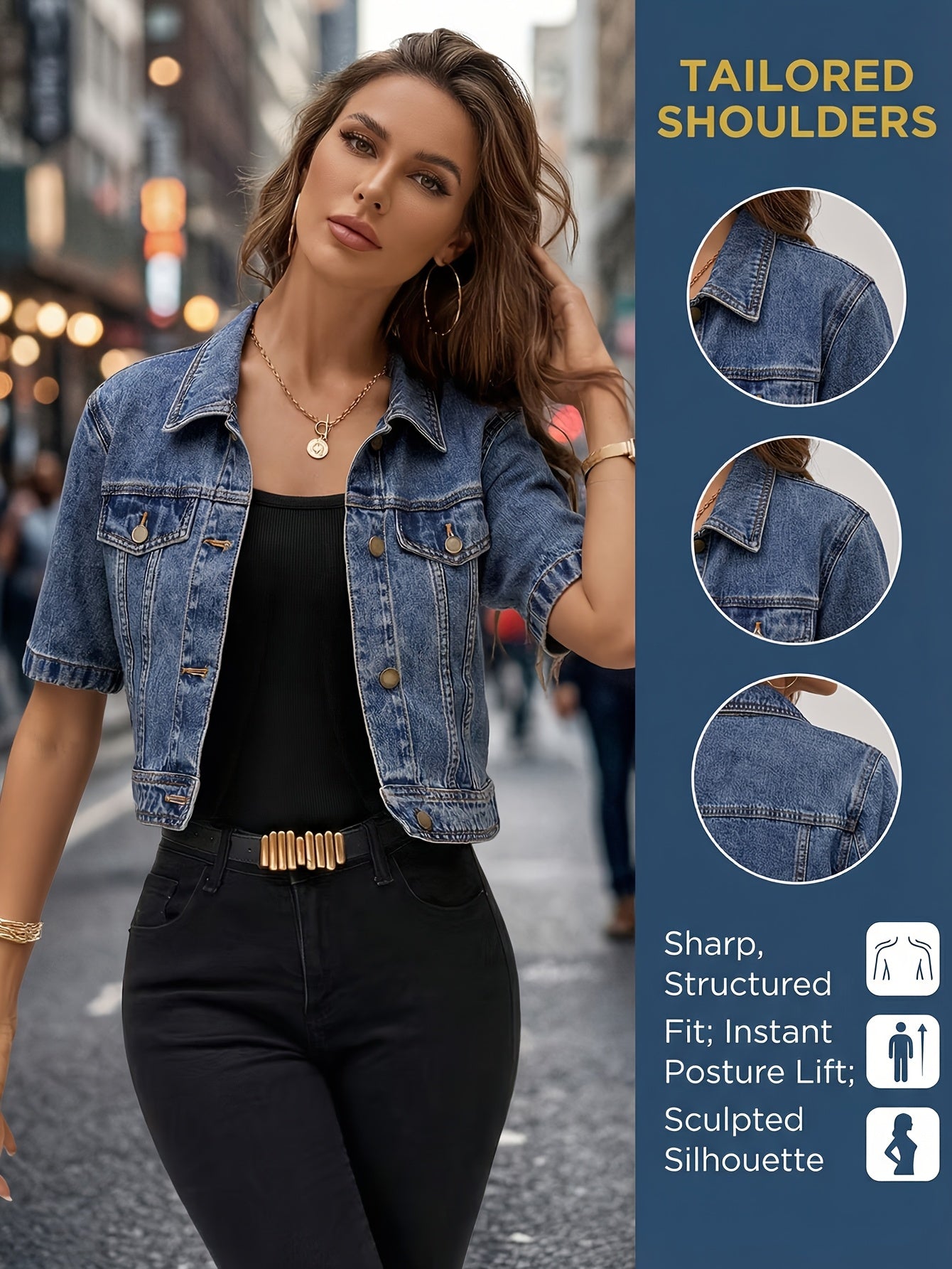Women's Denim Jacket, New 2026 Vintage Washed Lightweight Short Cropped, Dark Blue, Regular-Shoulder Turn-Collar