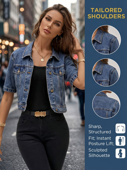 Women's Denim Jacket, New 2026 Vintage Washed Lightweight Short Cropped, Dark Blue, Regular-Shoulder Turn-Collar