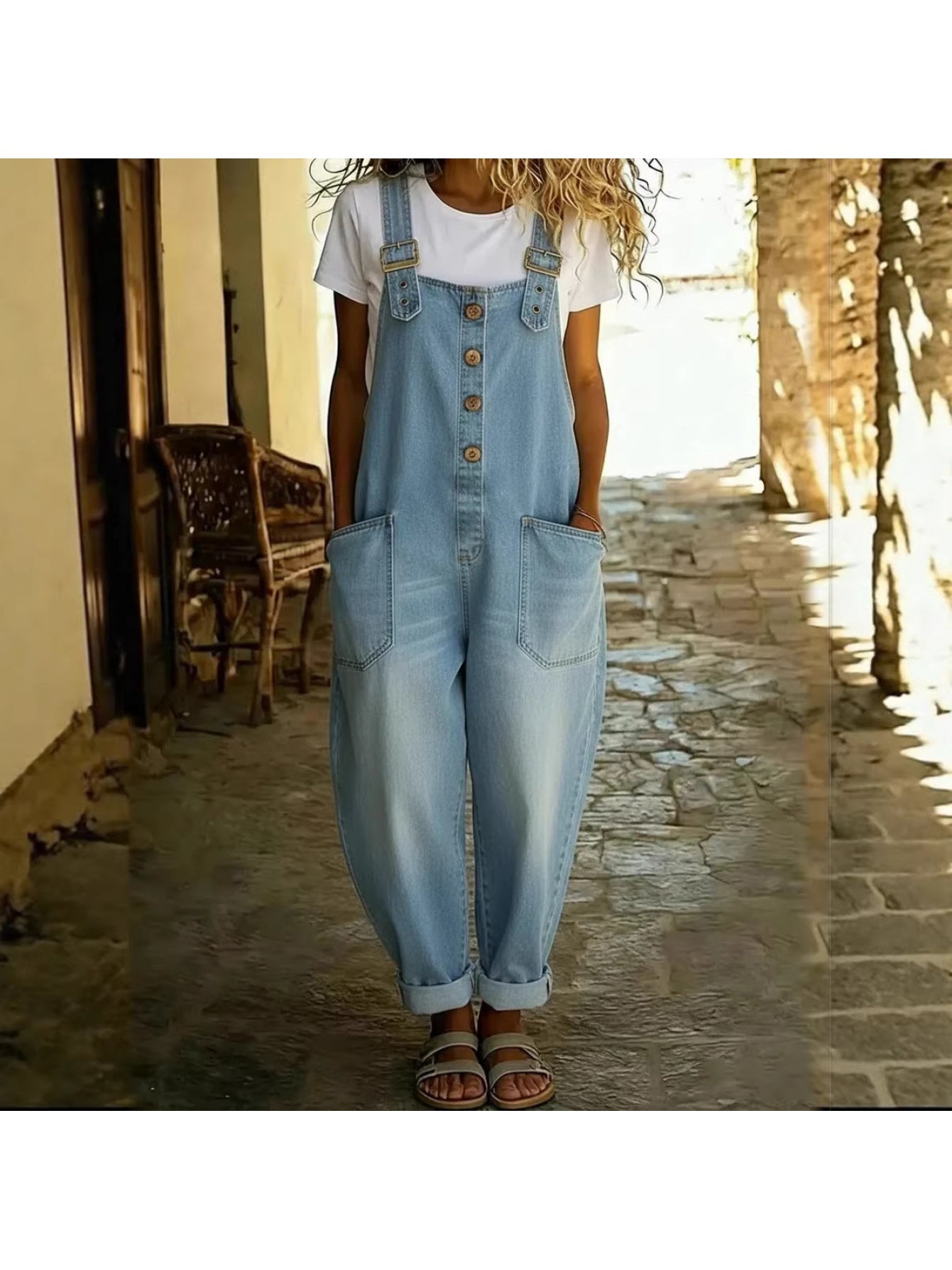 Plus Size, Items Run Small, Please Order According to Our Size Chart. Plus Size Women's Casual Loose Denim Overalls with Button Pockets, Denim Jumpsuit for Daily Wear.