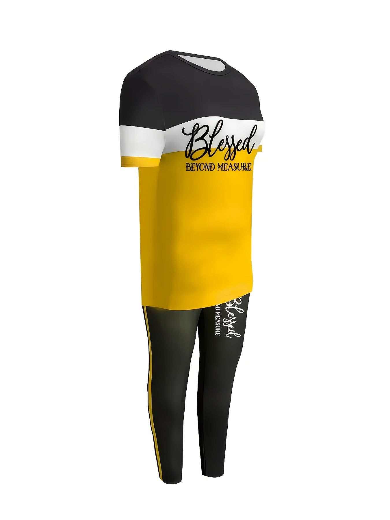 Women's Casual Two-Piece Outfit "BLESSED" Letter Print Color-Block T-Shirt And Pocket Pants Set