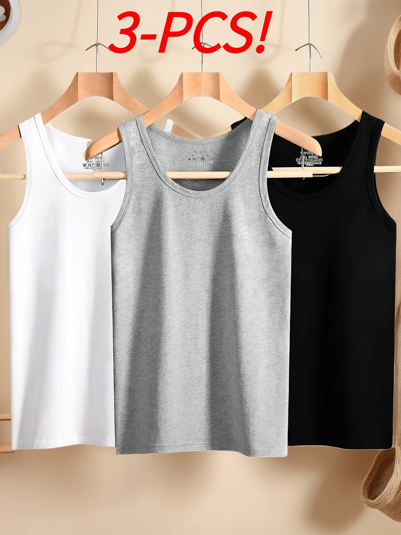 3pcs Simple Tops Pure Cotton Men's Vests And Tops Include Black, White And Gray, Suitable for Daily Wear, Sports, Going Out, Beach And Other Scenes, Spring And Summer Seasons