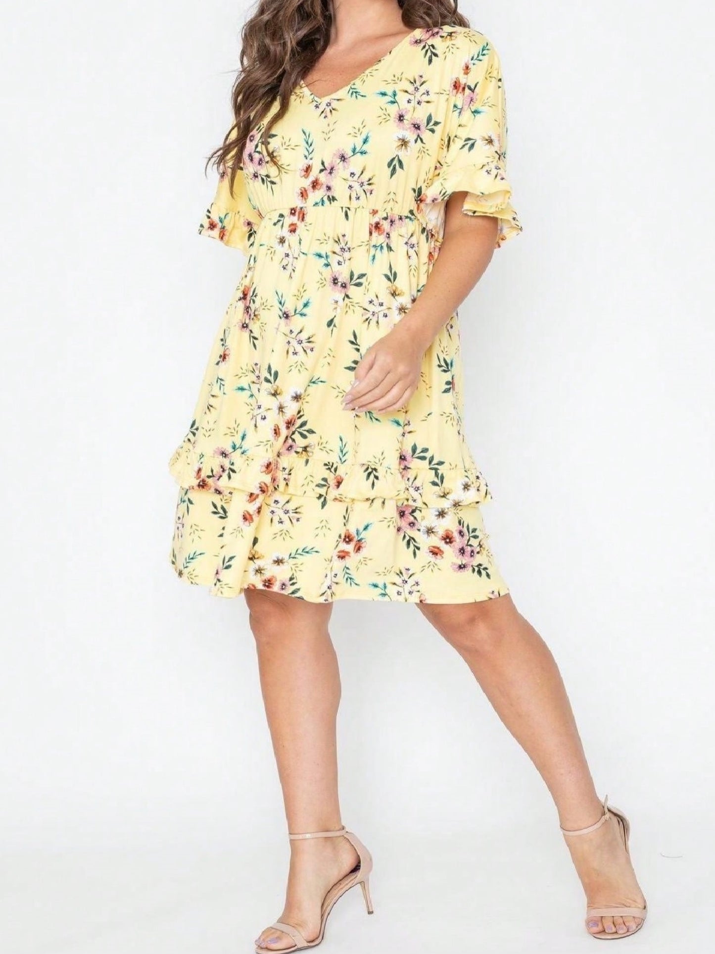 Vintage Boho Navy Pink Yellow White Charcoal Floral Ruffle flutter Trim Midi Dress S-3X
