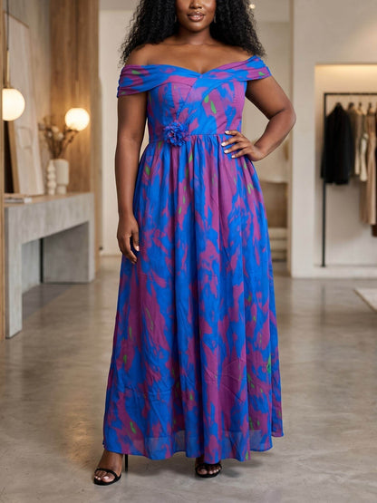 [Formal Gatherings] Plus Size - Plus Size - Plus Size Women's Spring-Summer Off-Shoulder Waist Slit Dress | Exquisite Design Suitable for Formal Gatherings And Light Social Occasions, Showcasing Elegant Temperament, Easily Creating Eye-Catching Proper Loo
