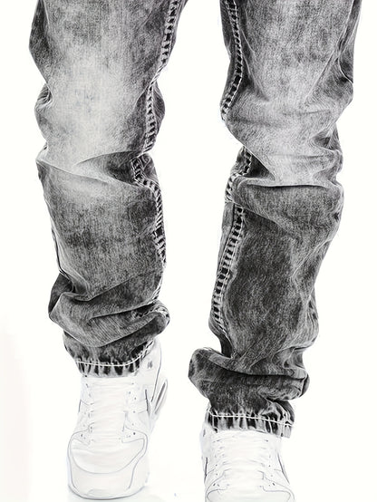 Men's Slim-Fit Straight-Leg Distressed American Snowflake Jeans - Vintage Wash Blue Denim Pants with Snowflake Pattern, Streetwear Style All-Season Casual Wear, Durable Fabric & Hand Washable