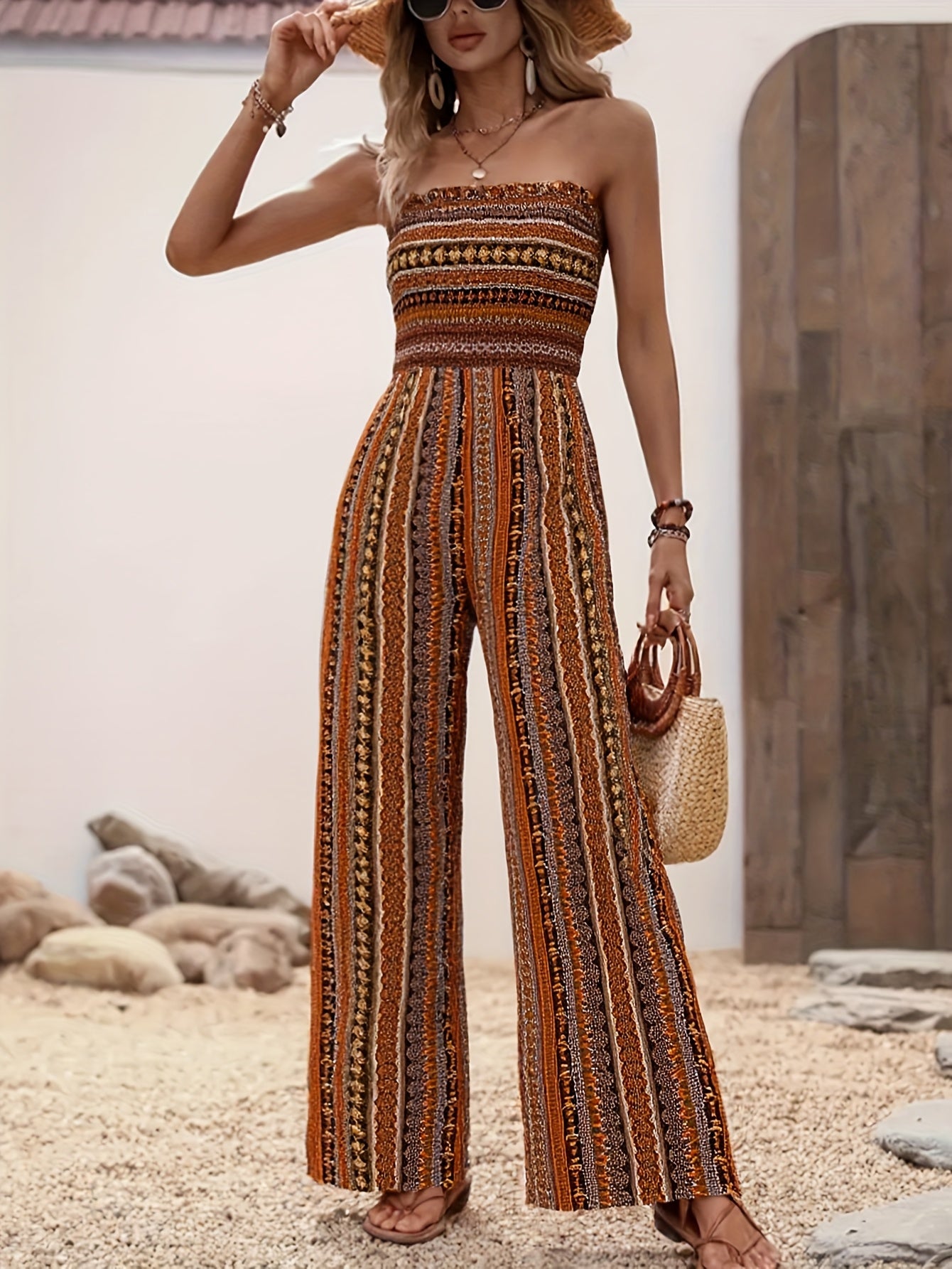Women's Strapless Striped Jumpsuit, Black White Smocked Tube Top Wide Leg Jumpsuit, Casual Loose Summer Romper for Vacation & Daily Wear
