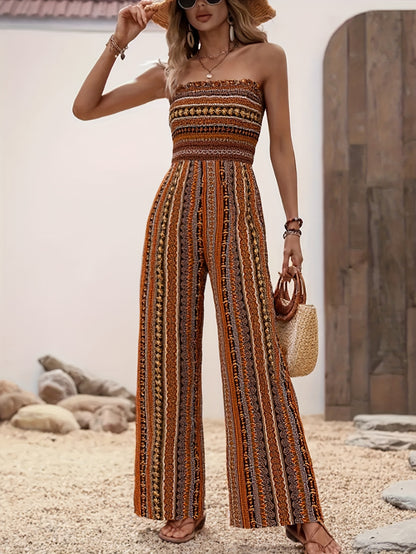 Women's Strapless Striped Jumpsuit, Black White Smocked Tube Top Wide Leg Jumpsuit, Casual Loose Summer Romper for Vacation & Daily Wear