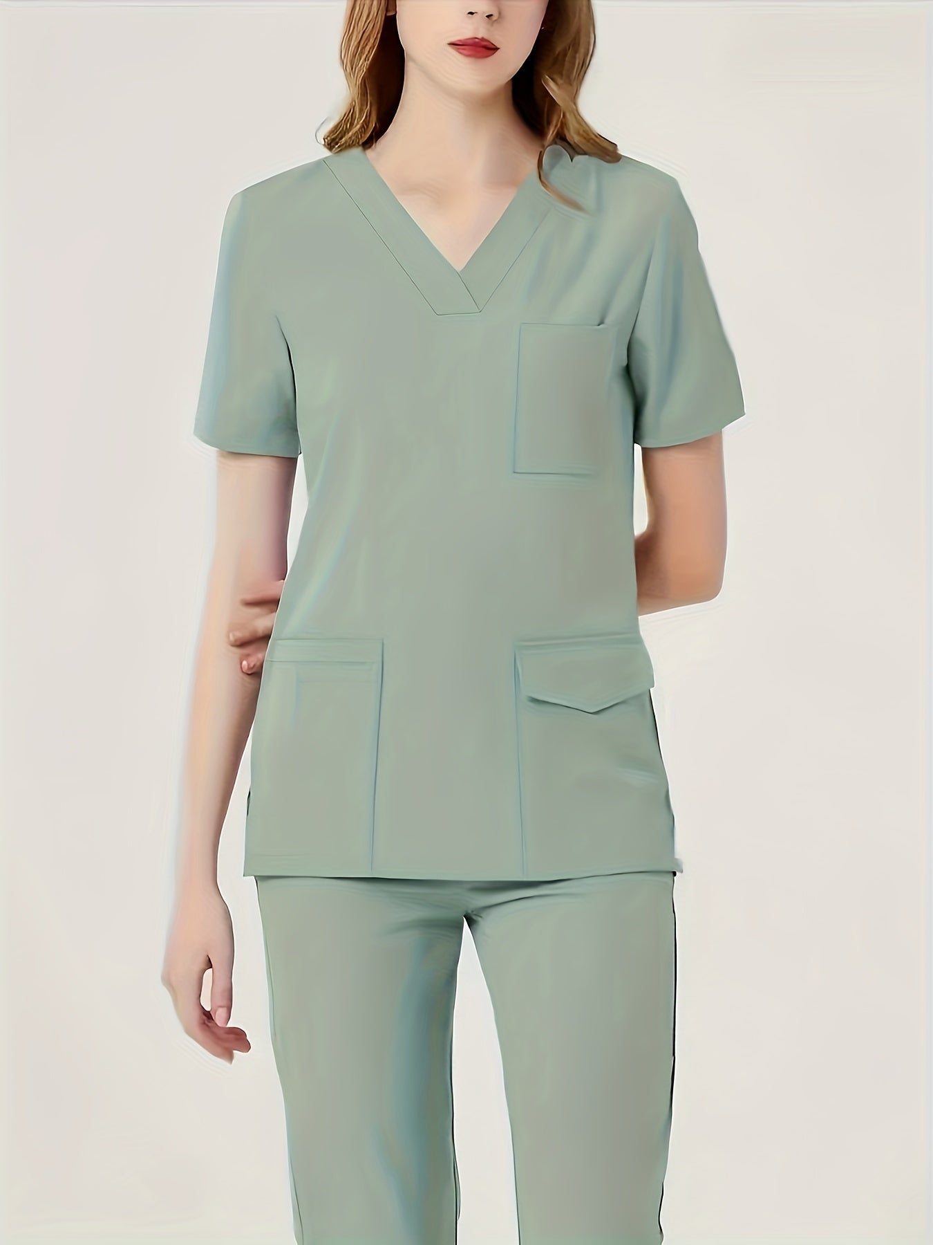 Ultra-Soft Womens Two-Piece Health Care Uniform Set - Stylish V-Neck Top With Practical Pockets & Sleek Solid Pants - Premium Quality, Comfortable Everyday Wear For Women