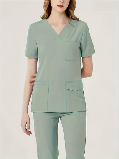 Ultra-Soft Womens Two-Piece Health Care Uniform Set - Stylish V-Neck Top With Practical Pockets & Sleek Solid Pants - Premium Quality, Comfortable Everyday Wear For Women