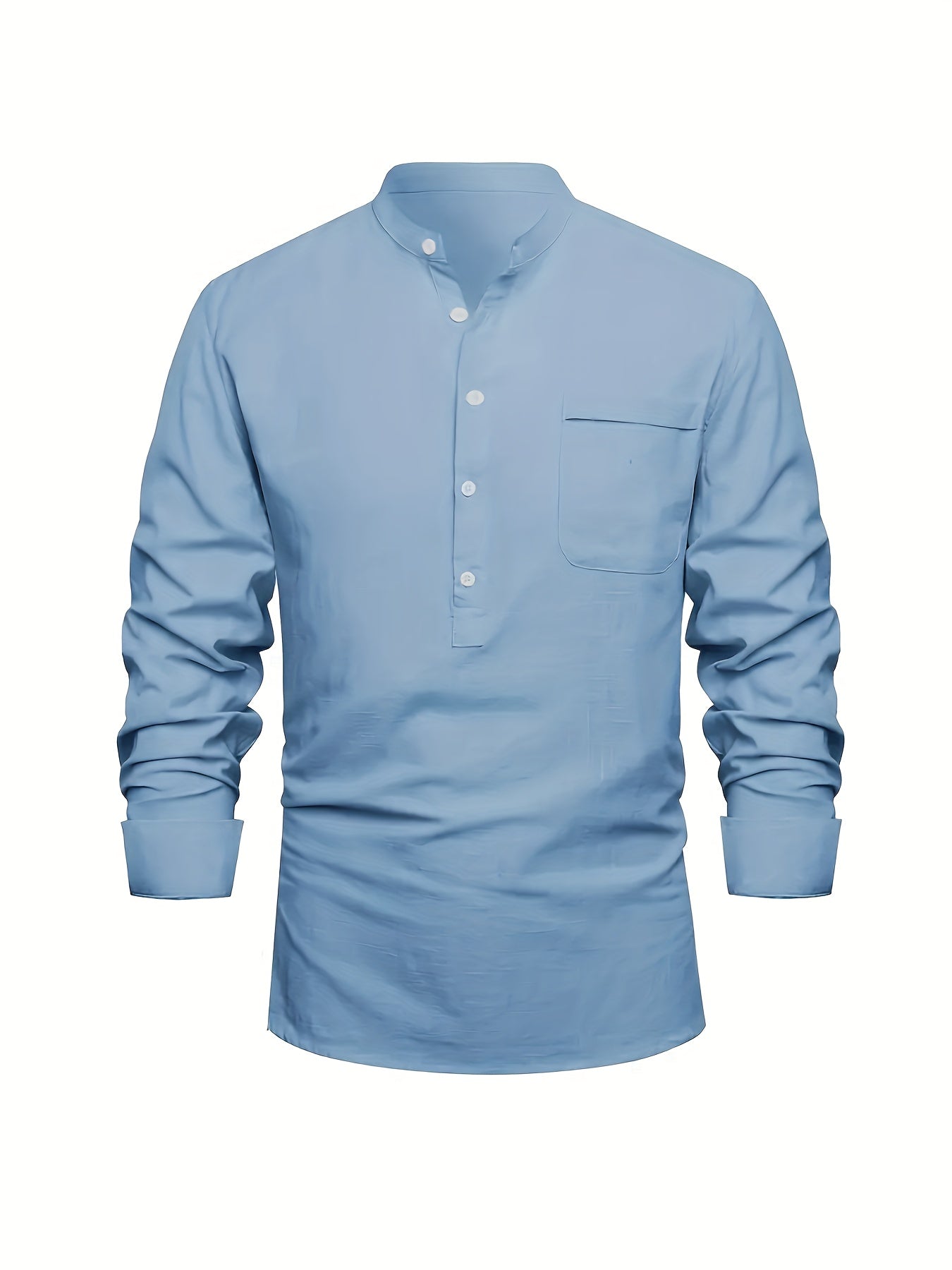 Plus Size Men'S Solid Shirt, Casual Breathable Half Button Cotton Blend Stand Collar Long Sleeve Shirt For Outdoor Activities, Men'S Clothing