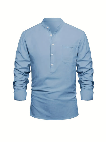 Plus Size Men'S Solid Shirt, Casual Breathable Half Button Cotton Blend Stand Collar Long Sleeve Shirt For Outdoor Activities, Men'S Clothing