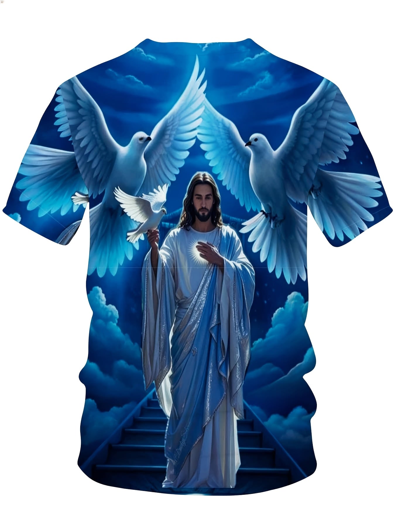 Jesus Christ With Doves And Heavenly Stairs Religious Christian T-Shirt For Men Full Print Design Faith Inspired Apparel, Plus Size
