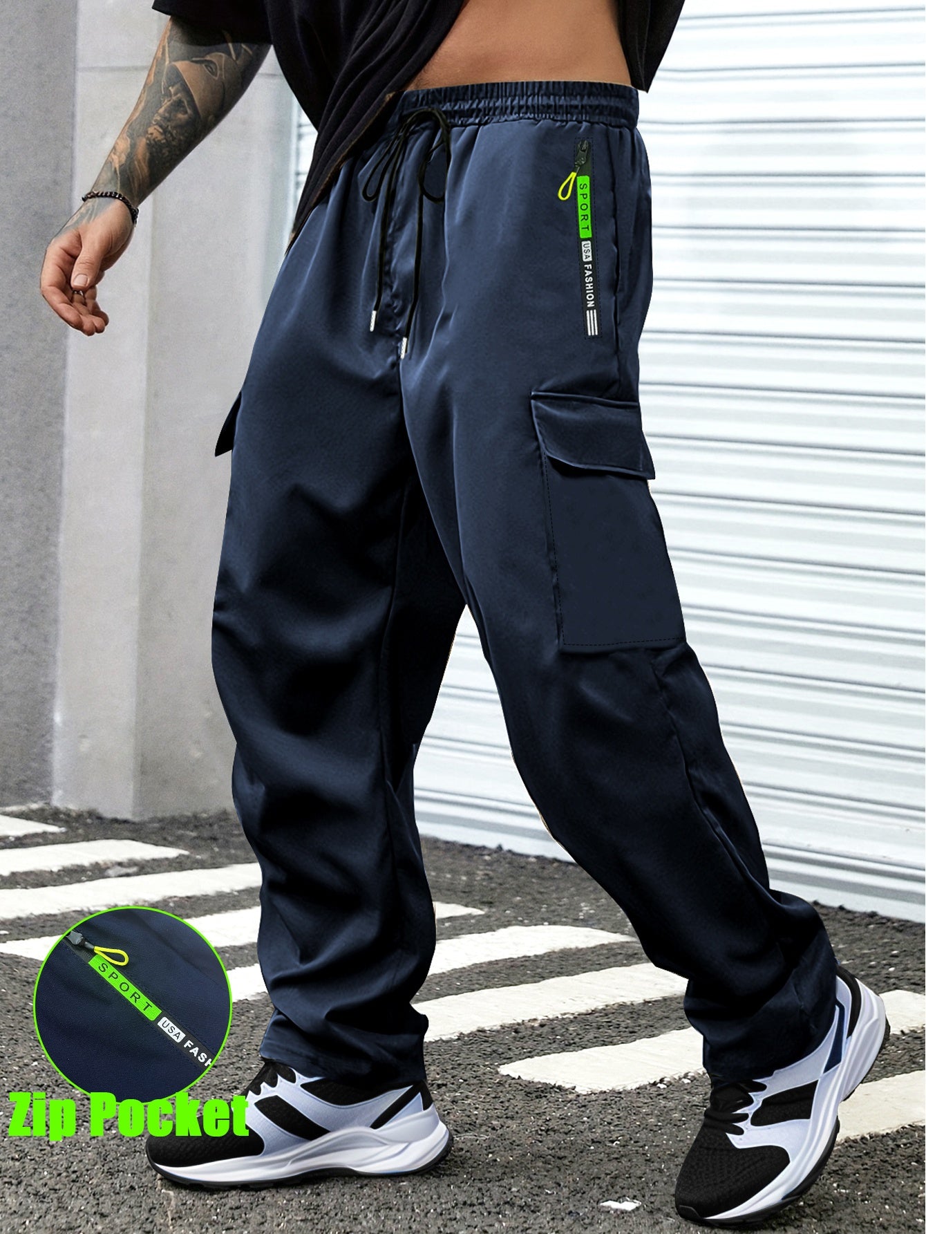 1pc Men'S Spring/Fall Cargo Pants with Large Zipper Pockets & Drawstring Waist - Olive Green Casual Outdoor Joggers for Hiking, Daily Wear, and Leisure Activities, Jogging Pants, Straight Leg Fit