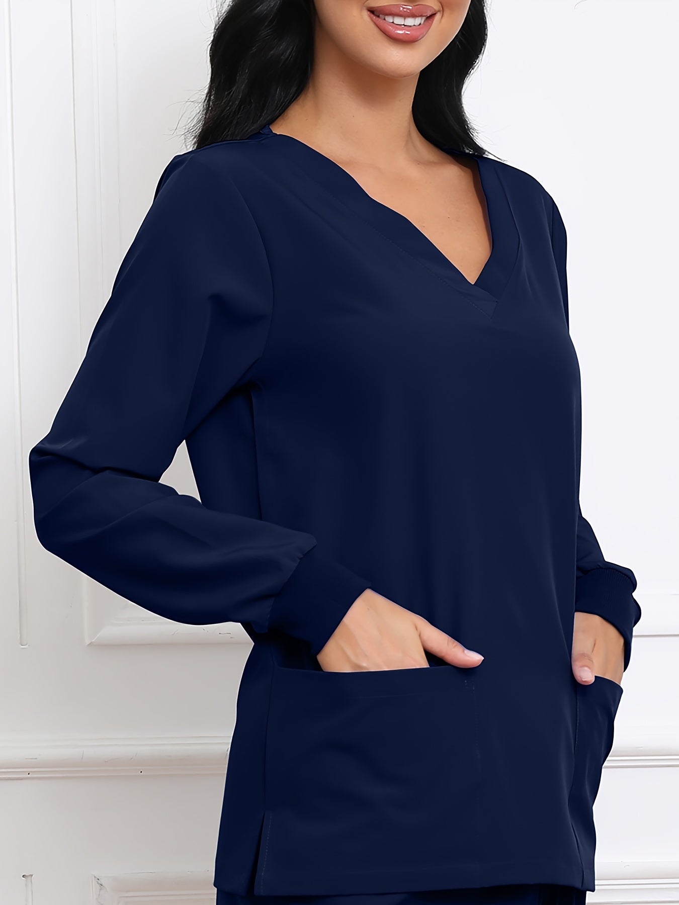 Women's V-Neck Long Sleeve Matte Breathable S Uniform Pockets Wash Clothes Work Shirt Scrubbing Top