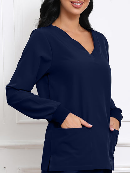 Women's V-Neck Long Sleeve Matte Breathable S Uniform Pockets Wash Clothes Work Shirt Scrubbing Top