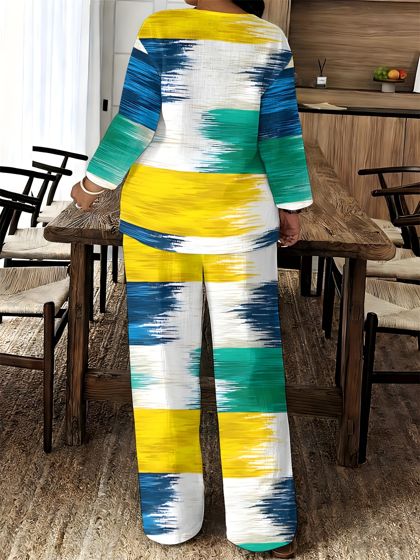 2026 New Women's Standard Size Long Sleeved Pants 2pcs Set, Set, Spring And Summer New V-Neck Long Sleeved Shirt Printed Elastic Waistband Pants 2pcs Set, Digital Printing Machine Washable Fabric, Elegant And Comfortable