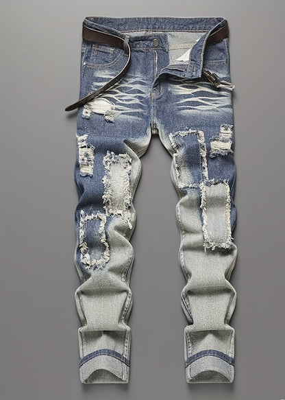 Men'S Blue Non-Stretch Jeans with a Casual Straight Leg And Distressed Holes