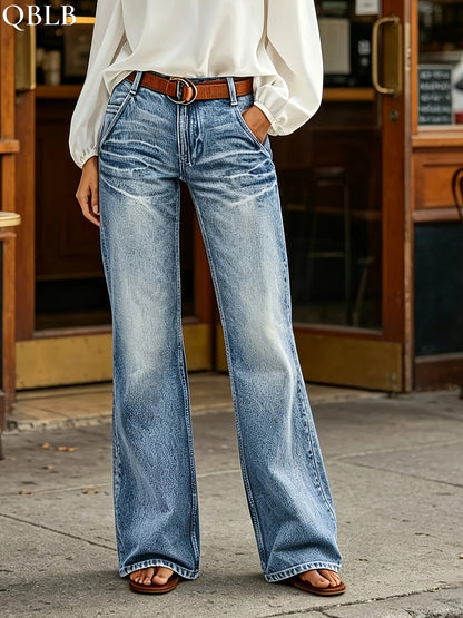 Ladies' High Waisted Washed And Polished White Lightning Pattern Design, Loose And Slightly Flared Jeans