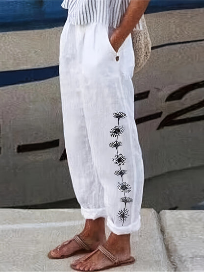 Plus Size Spring Summer Casual Floral Print Pants with Pockets and Elastic Waist, Perfect for Stylish Commuting