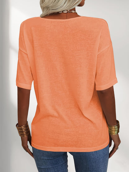 Women Fashion V-Neck Half Sleeves Oversized T Shirt Solid Casual Loose Basic Tops