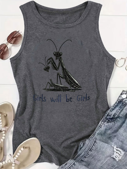 Plus Size, 1pc Plus-Size Women's Sleeveless Tank Top with Mantis Print Round Neck Stretchy Shirt - Non-Transparent Casual Casual Attire Suitable for All Seasons, Spring/Summer Layering Piece, Machine Washable Gift for Curvy Women (No)