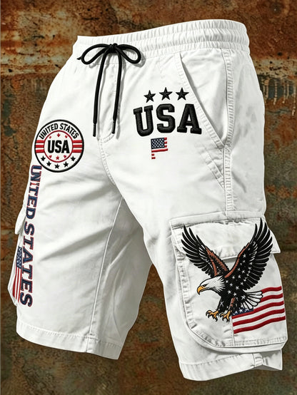 Men's Summer Casual Workwear Shorts with American Theme Digital Print Loose Drawstring Five Quarter Pants Are Essential for Daily Outdoor Vacation Wear
