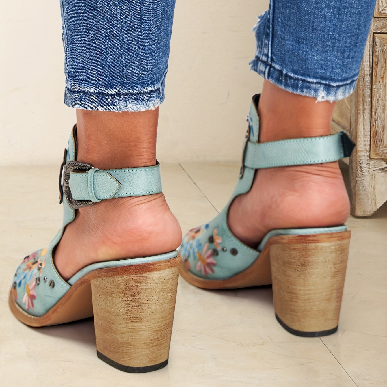 2025 New Women's Chunky Heel Ankle Boots, Pointed Toe Floral Vintage Style with Comfortable Open Back Strap, Women Shoes