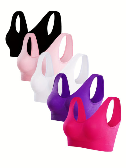 5 Solid Seamless Sports Bras, Comfortable And Breathable Bras, Women's Underwear And Suspenders