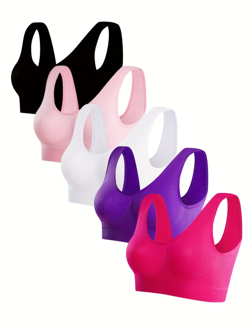 5 Solid Seamless Sports Bras, Comfortable And Breathable Bras, Women's Underwear And Suspenders