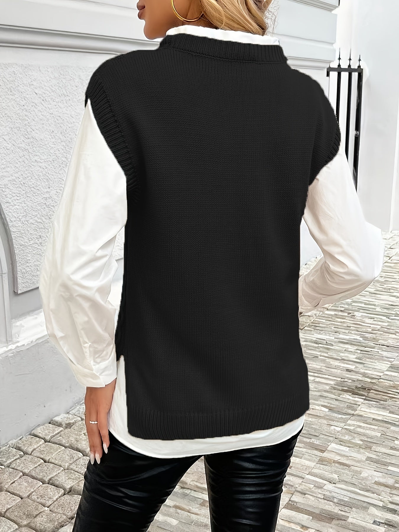 Women's Cable Sweater Vest - Sleeveless Round Neck Slit Hem Blouse, Solid Color Medium-Elastic Knitwear for Spring Summer Fall Layering, Casual & Semi-Formal Wear (Hand Washable)