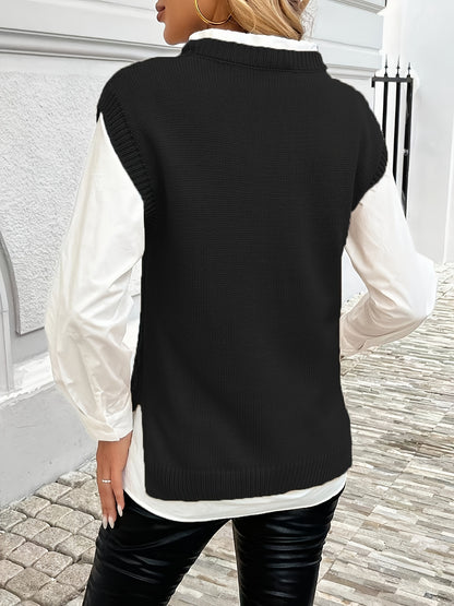 Women's Cable Sweater Vest - Sleeveless Round Neck Slit Hem Blouse, Solid Color Medium-Elastic Knitwear for Spring Summer Fall Layering, Casual & Semi-Formal Wear (Hand Washable)