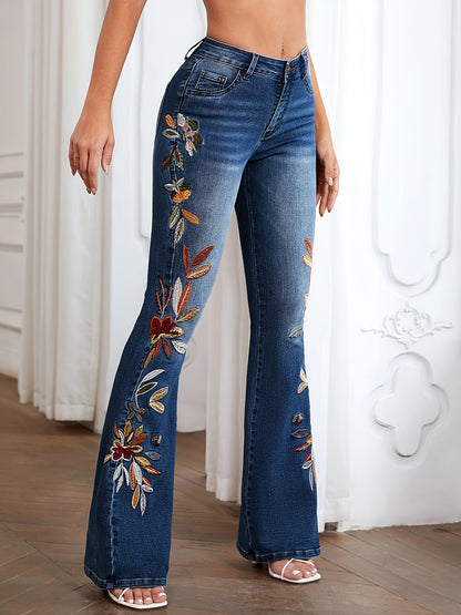 [Women's Flared Jeans] HME] Heavy Industry Washed Classic Denim Blue, Elastic And Flared Women's Jeans, Fashionable Flower Embroidery Design, Retro Trend, Versatile And Popular, Women's Denim Slightly Flared Casual Jeans Suitable for All Seasons