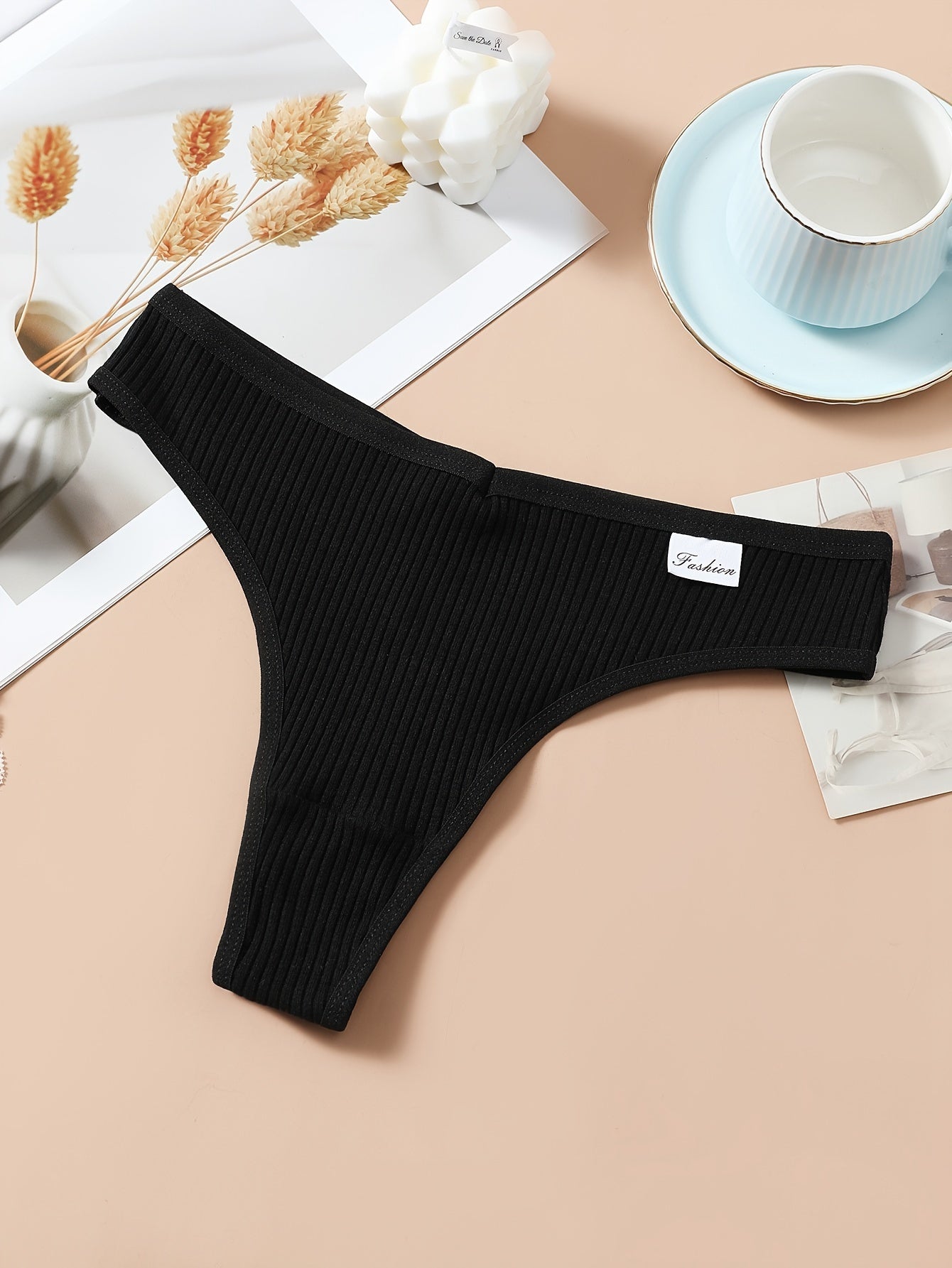 8pcs Solid Ribbed Label Patched Thongs, Sexy Comfy Breathable Stretchy Intimates Panties, Women'S Lingerie & Underwear