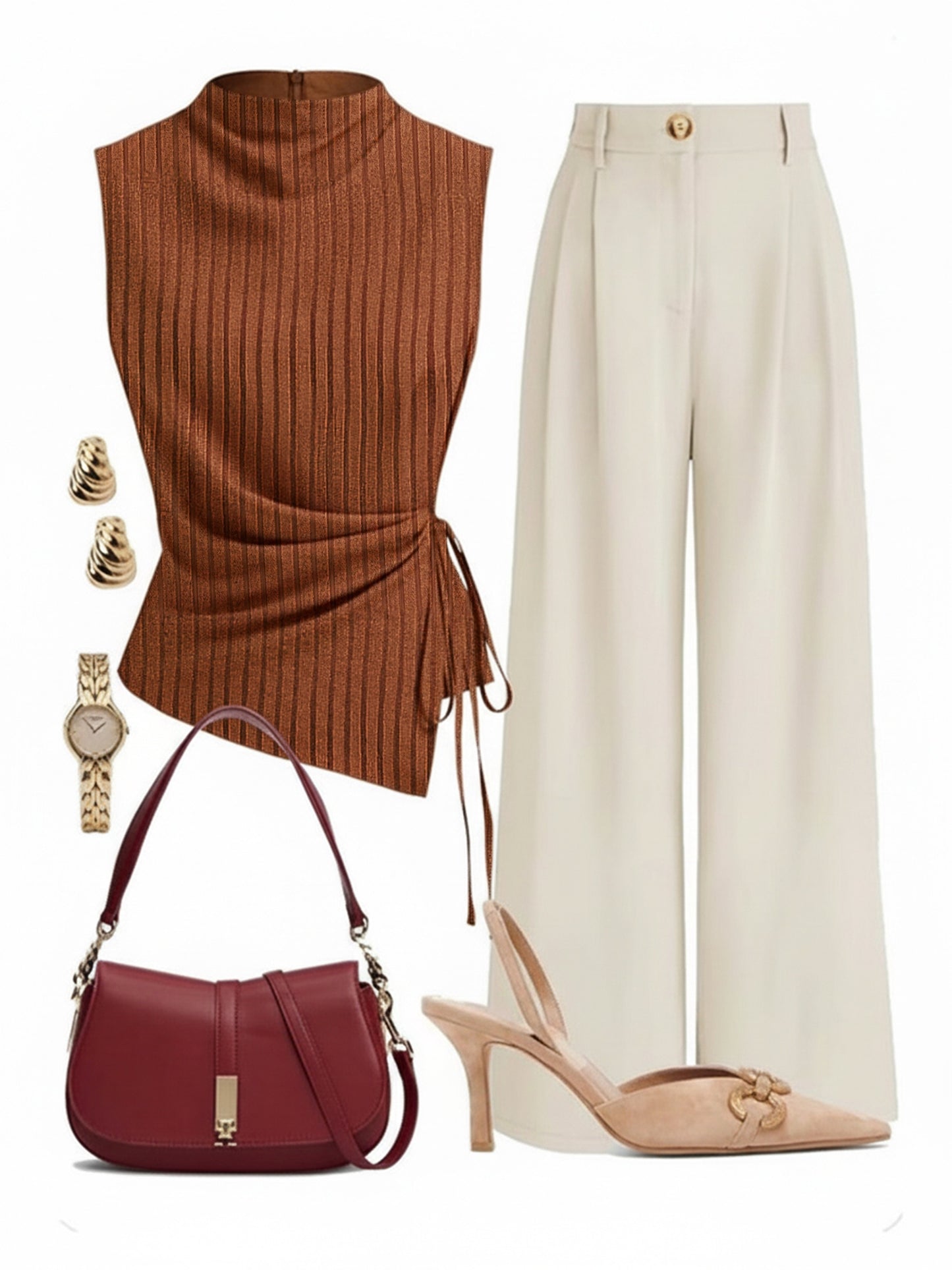 2pcs Set: Burgundy Sleeveless Drawstring Top And Wide-Leg Pants | Women'S | Elegant And Gentle Light Commuter Style Pieces, Suitable for The Workplace, Afternoon Tea Dates, And Spring/Fall Outfits. [Does Not Include Other Combination Items]