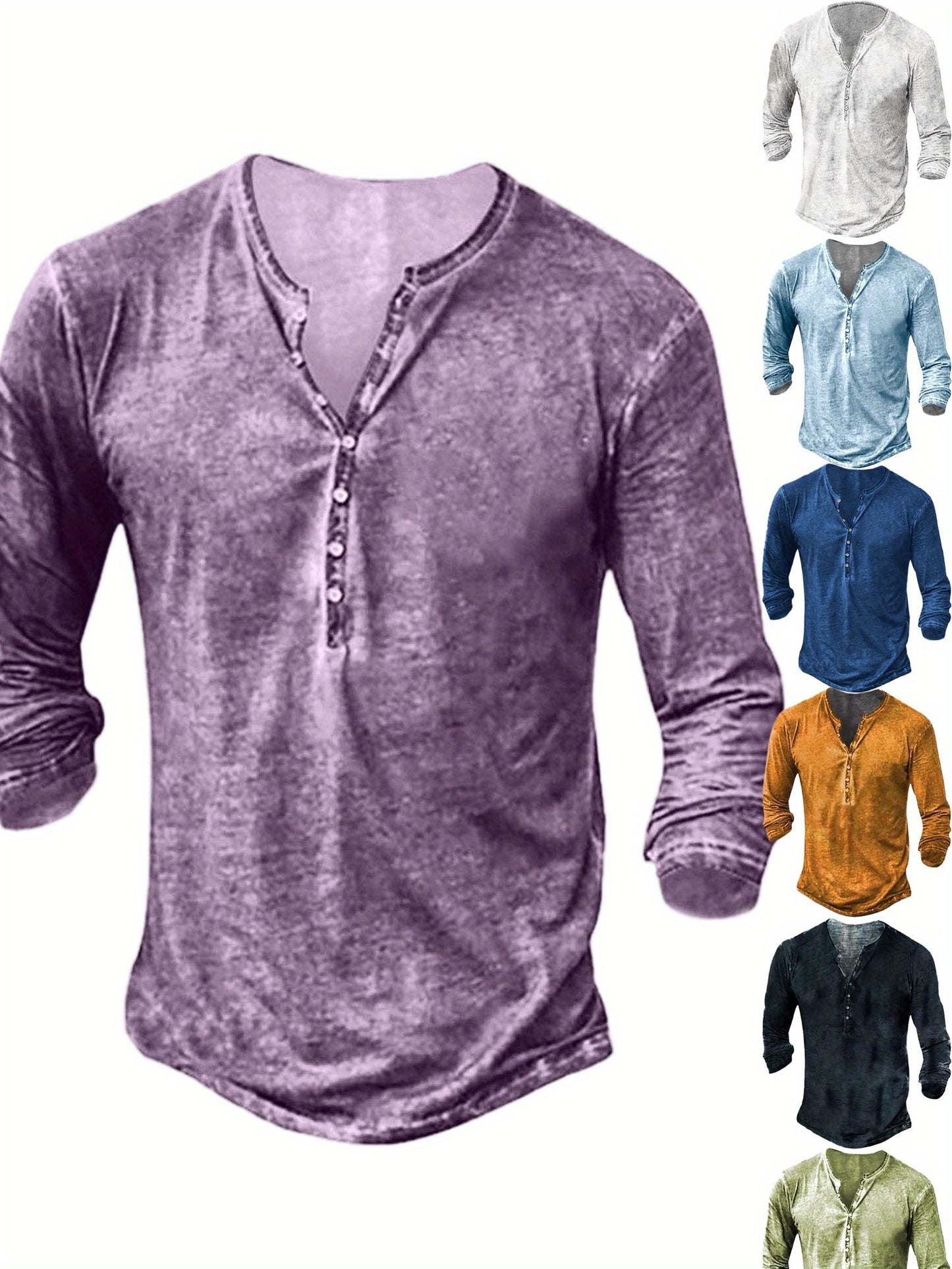 Men'S Distressed Henley Shirts with Front Placket, Retro Long Sleeve T-Shirts, Casual Button- Washed T-Shirts for Men