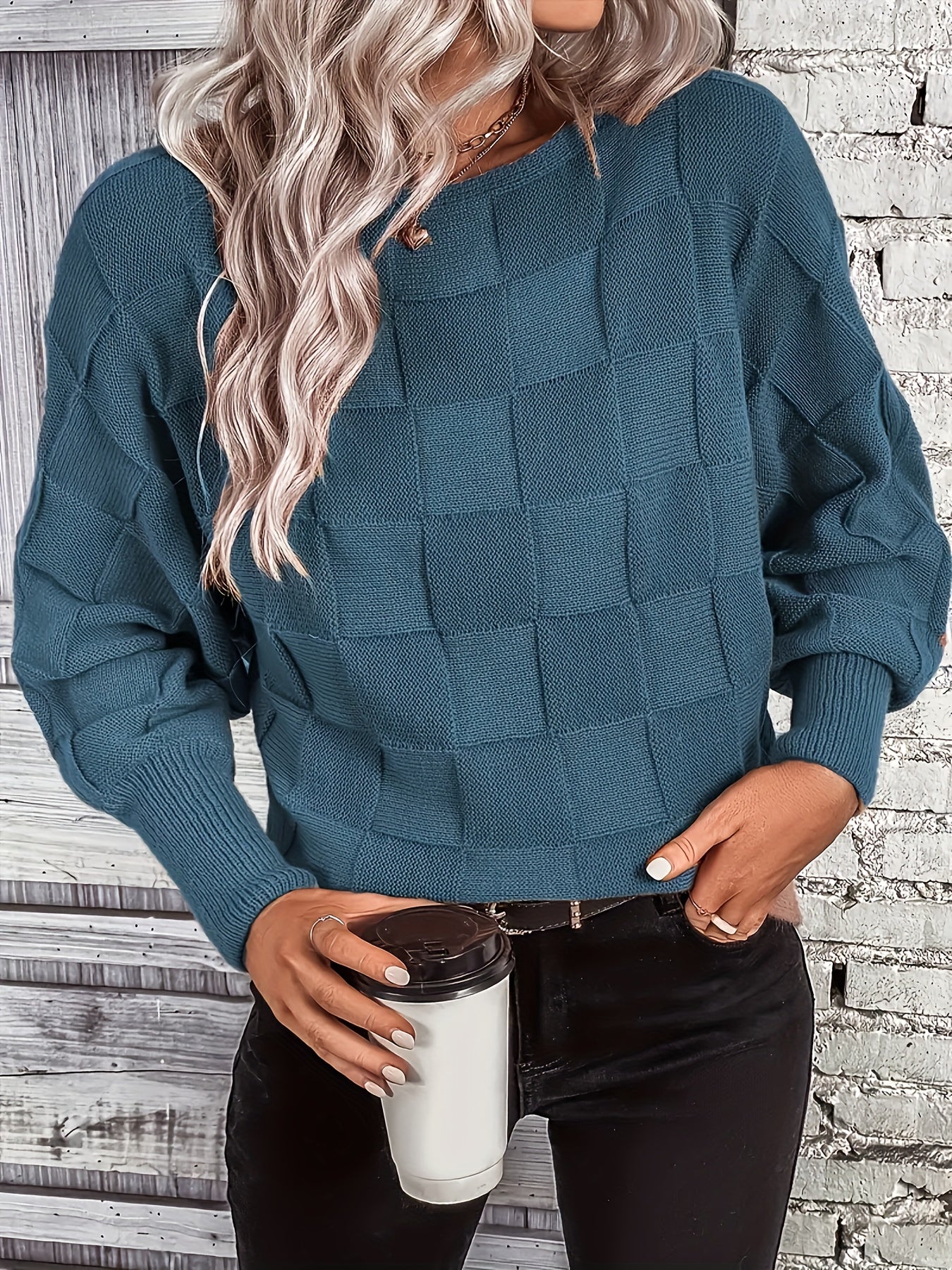 Checkered Pattern Boat Neck Batwing Long Sleeve Casual Holiday Business Commuting Warm Autumn Winter Fashion Women'S Top