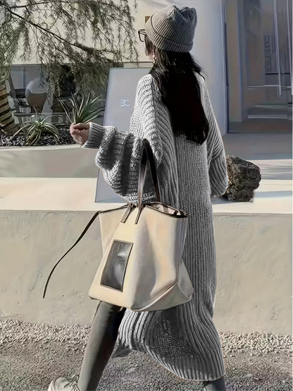 Plus Size, Solid Color Plus-Size Women's Long Pocket Cardigan Loose Over-the-Knee Sweater Coat Fashion Versatile Outerwear