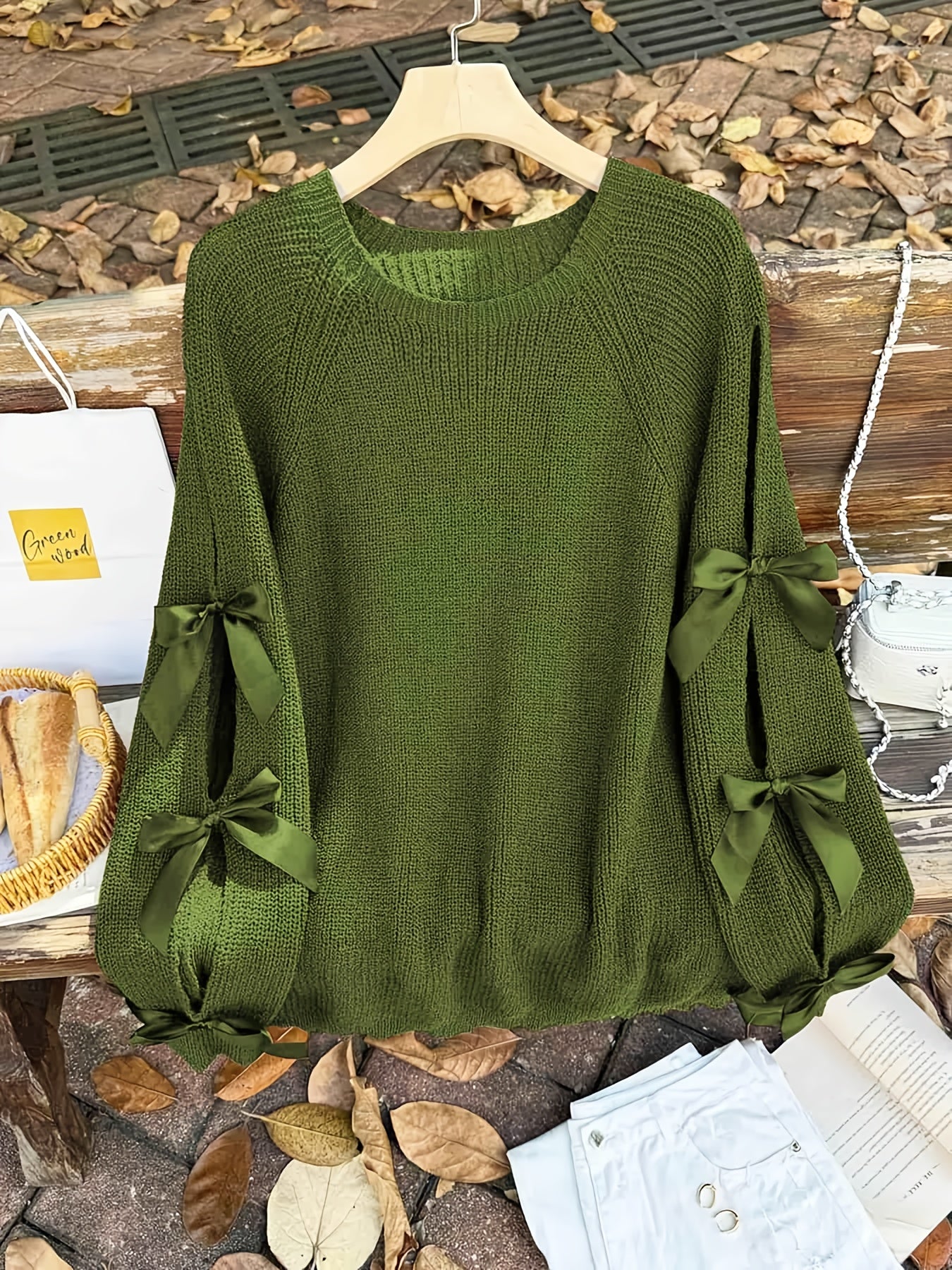 Plus Size, Plus-size  Sweet Style, Round Neck Balloon Sleeve Bow Sweater, Autumn and Winter Atmosphere Items