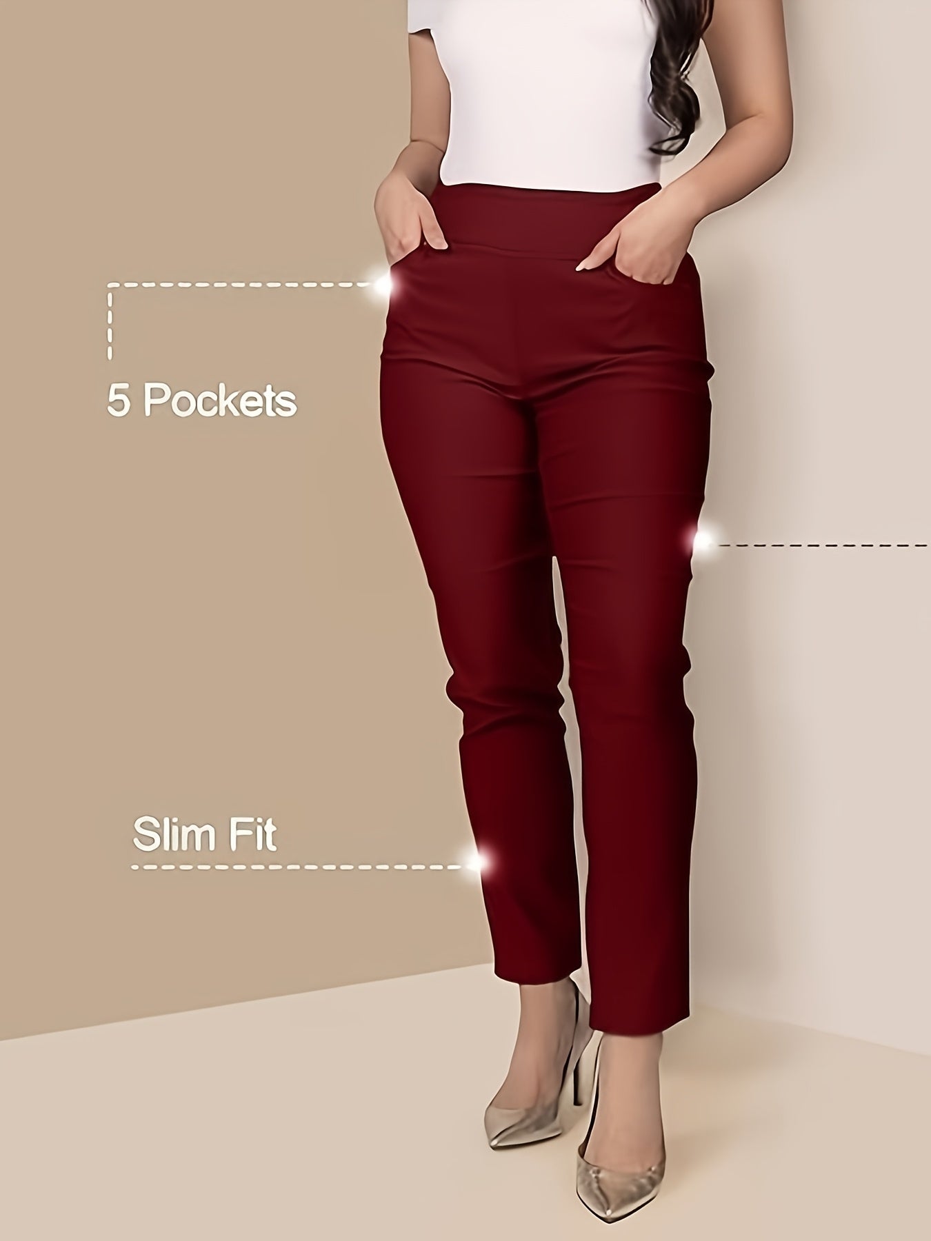 Slim Fit High-Waisted Pants for Women Featuring Five Pockets, Designed for Easy Pull-On Wear, Suitable for Work Or Casual Office Settings