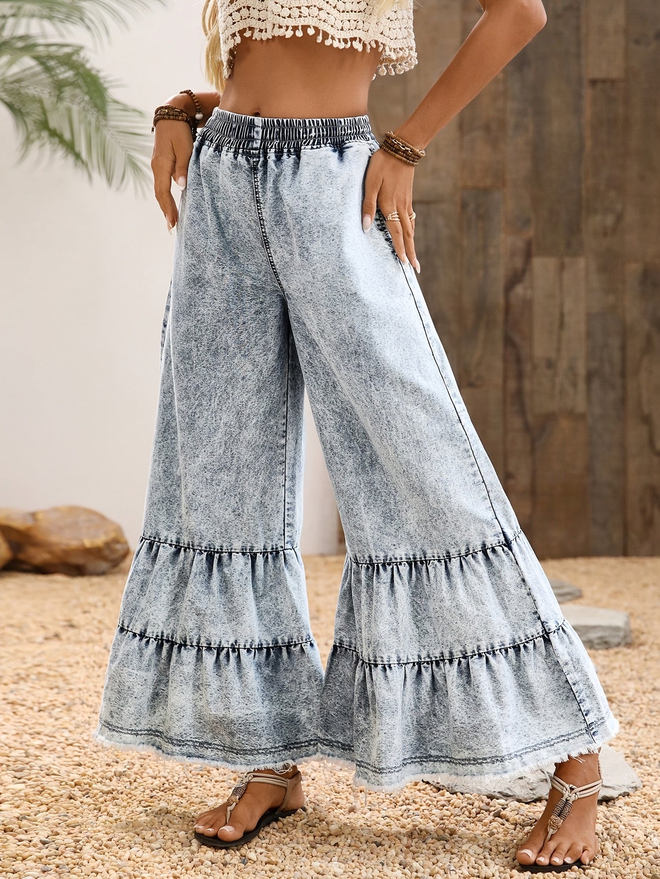 Women'S Large Size Ruffle Hem Denim Wide Leg Raw Edge Pants