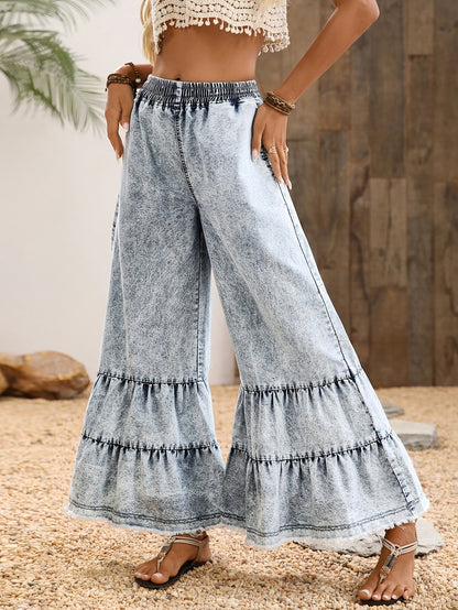 Women'S Large Size Ruffle Hem Denim Wide Leg Raw Edge Pants
