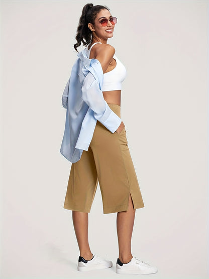 18'' Women's High-Waisted Wide Leg Yoga Capri Pants with Elastic Waist - Loose Comfortable Stretchable Soft Pants Suitable for Yoga, Workout, Casual & for Business Occasions - Spring Summer Fall Wearable with Practical Pockets (No Needed)