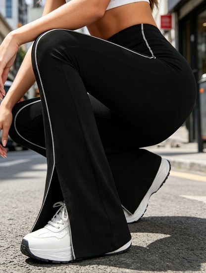 Women'S Stretchy Flared Pants, High Waist Tummy Control Split Hem Bell Bottom Leggings with Reflective Line, Casual Streetwear Trousers
