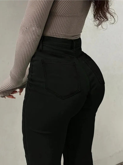 These Are Women'S Stylish Black Flare Jeans Made from Stretchy Viscose, Perfect for Casual Wear And Comfortable in Any Season, Featuring a Button-Front Design