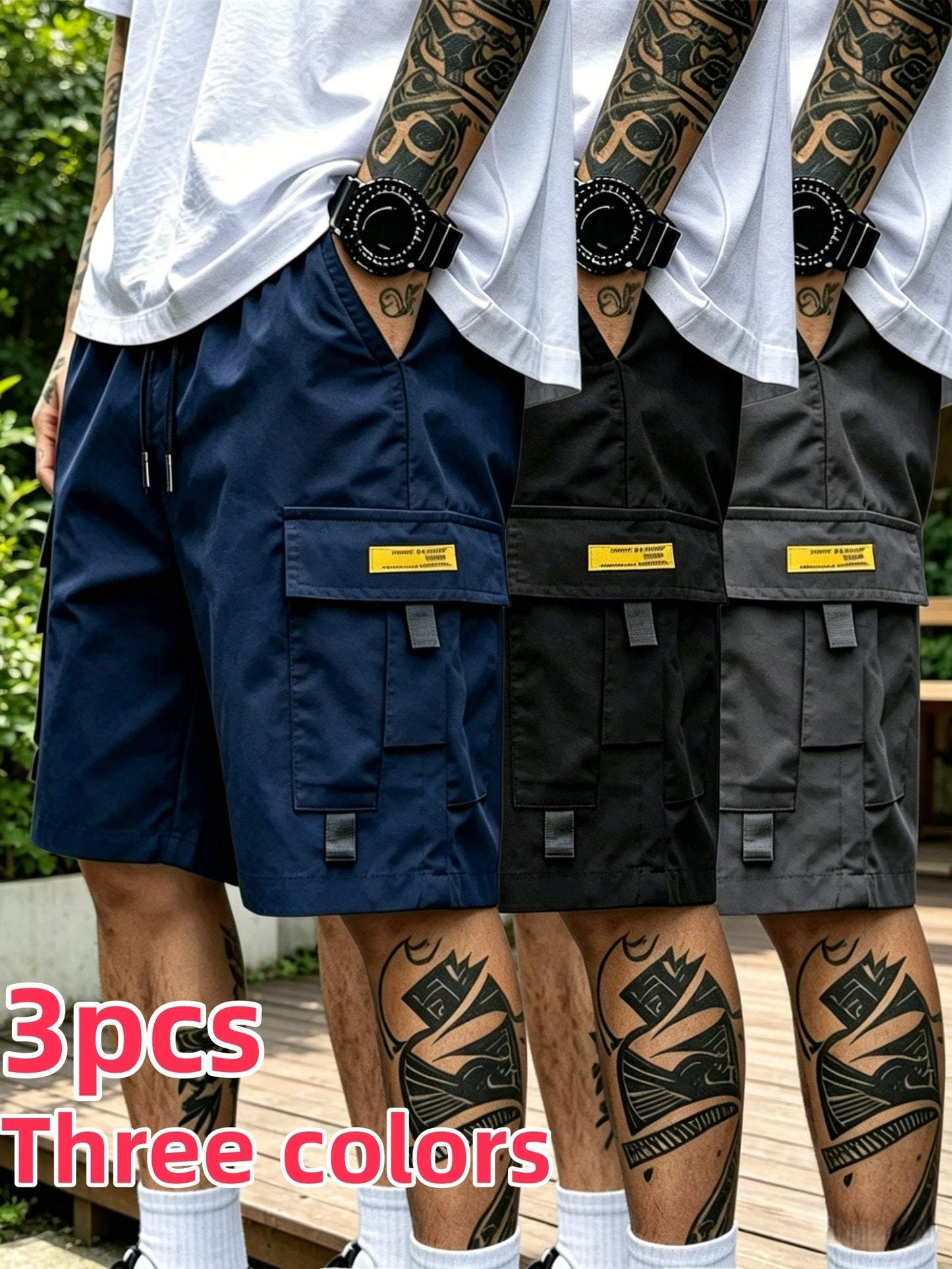 3pcs Men's Cargo Shorts with Multi-Pocket & Drawstring Waist - Lightweight Loose-Fit Shorts Suitable for Outdoor,, Streetwear, Casual Wear - Summer Shorts with Utility Belt for Daily Use and Gift Choice