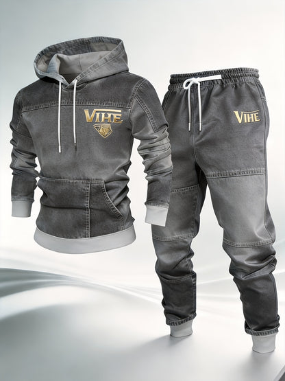 [VIHE Gradient Faux Denim Print Hooded Set] Men'S Hooded Sweatshirt And Jogger Pants, Faux Denim Print Gradient Texture Design, Golden VIHE Brand Logo Accent, Relaxed Fit for Daily Casual/Retro Style Wear, Faux Denim Print Texture Combines Comfort
