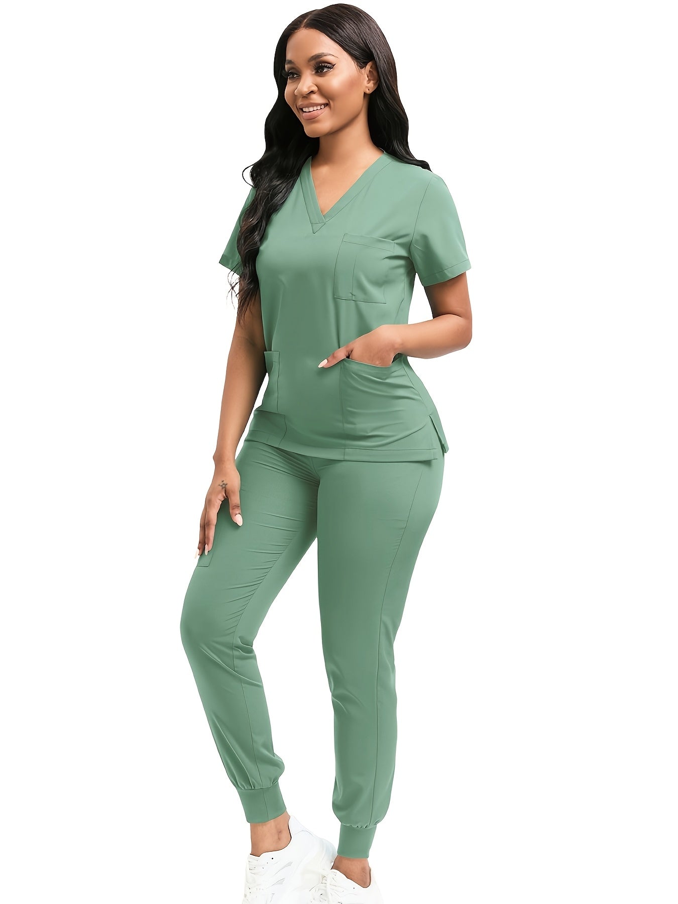 [Scrub Suit Set] Scrub Suit Set For Women Modern V-Neck Top T-Shirt & Tapered Leg Jogger Pants With Drawstring 2pcs Set Nursing Uniforms Set Suitable For Pet Hospitals, Dental Clinics, Nursing Work, Etc