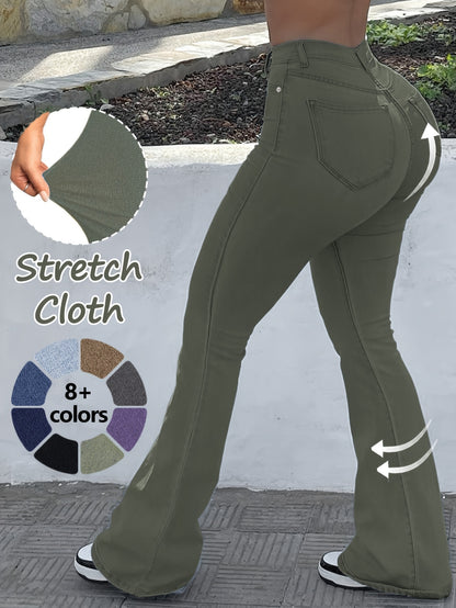 GILIPUR MH1025 Light Blue Retro High-Waist Stretch Straight Leg Women's Pants, Street Style Solid Color Long Pants with Pockets, All-Season Comfortable Stretch Fabric, Machine Washable